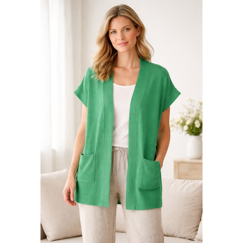 J. Jill Cardigan Vest Womens L Green Open Front Knit Pockets Cotton Blend Ribbed